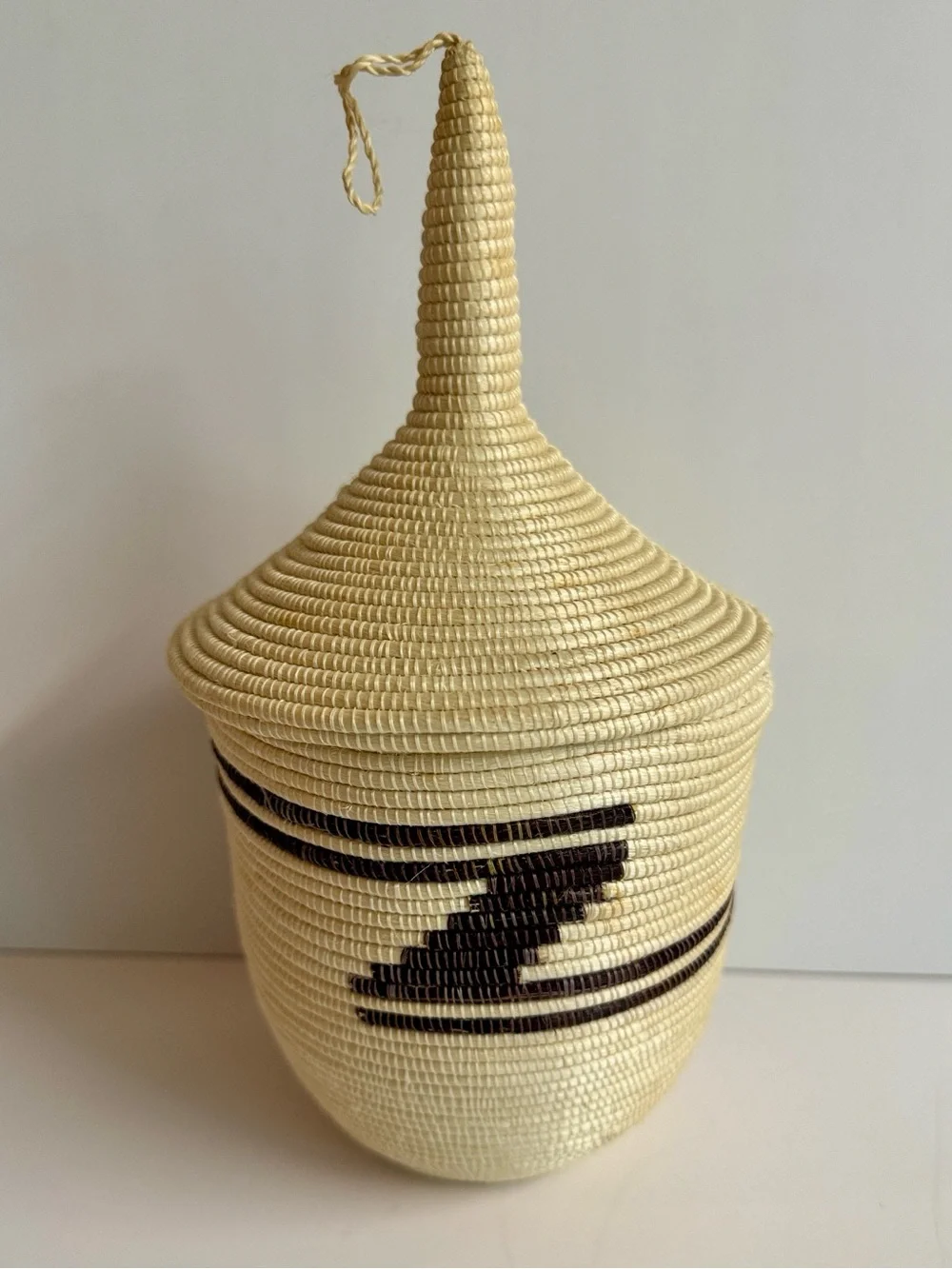 Vintage Tutsi African Woven Decorative Lidded Basket in Natural and Brown.
